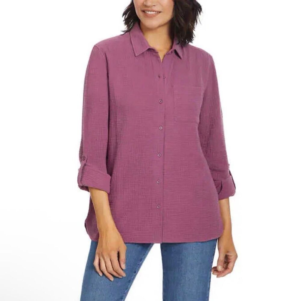 Anne Klein Jeans Purple Cotton Gauzy Button Up